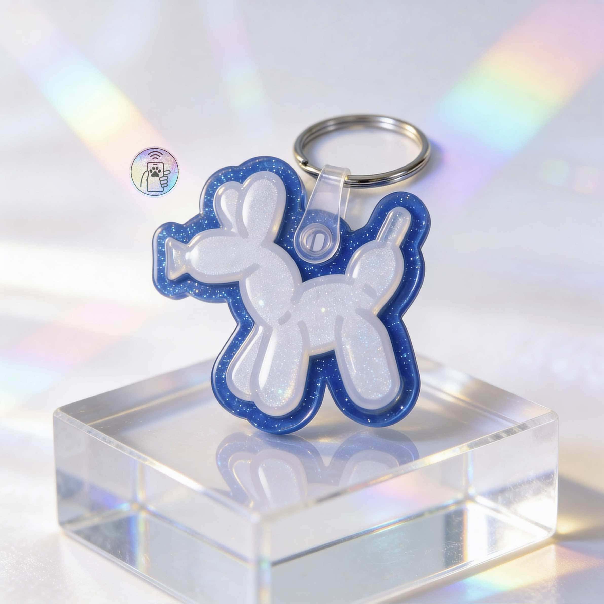 NFC pet ID tag shaped like a unicorn with a blue glitter finish, designed for dogs and cats — Shiloh's House smart NFC pet tag with free companion Lohji app.