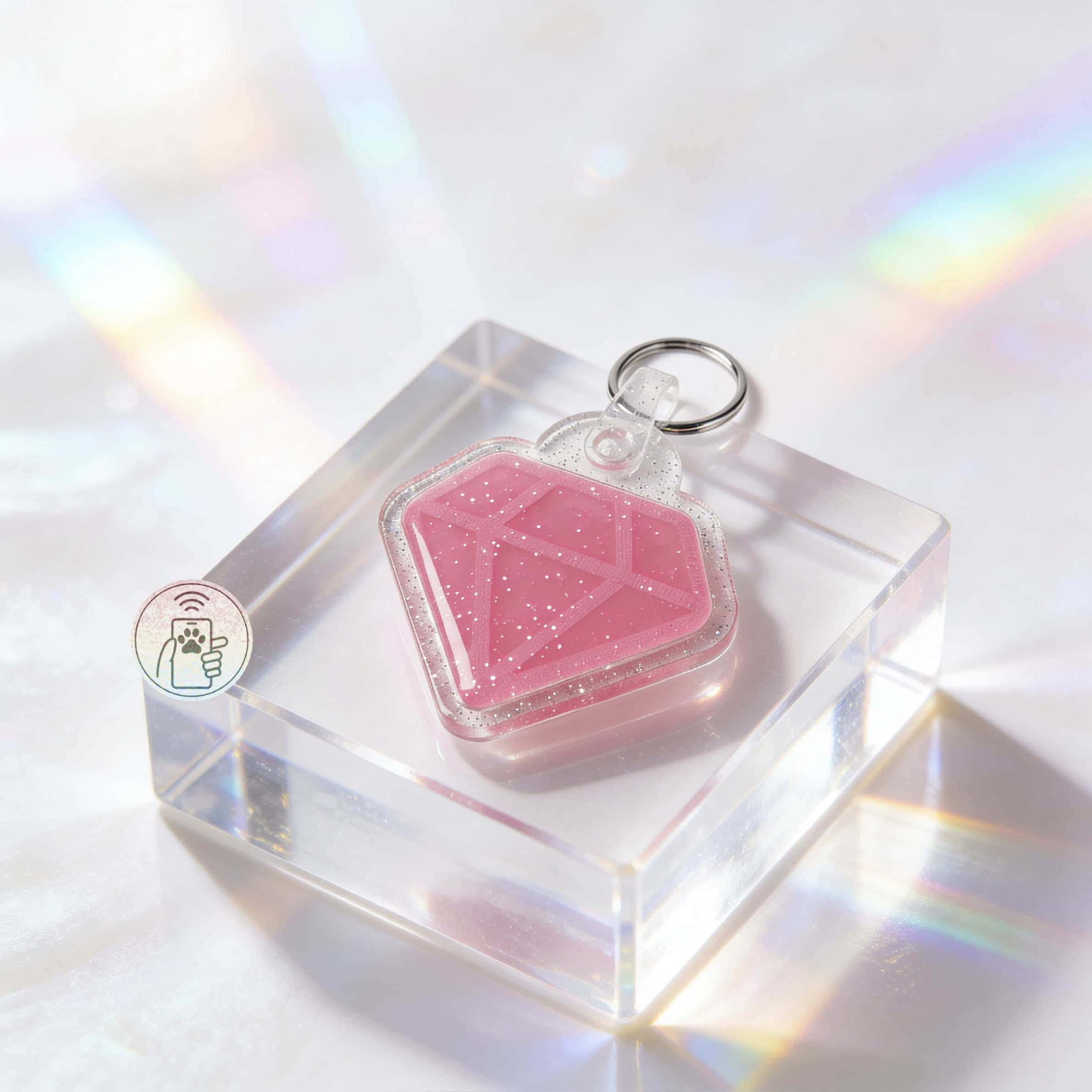 NFC pet ID tag in pink glitter acrylic for dogs and cats with keyring — Shiloh's House smart NFC pet tag with free companion Lohji app.