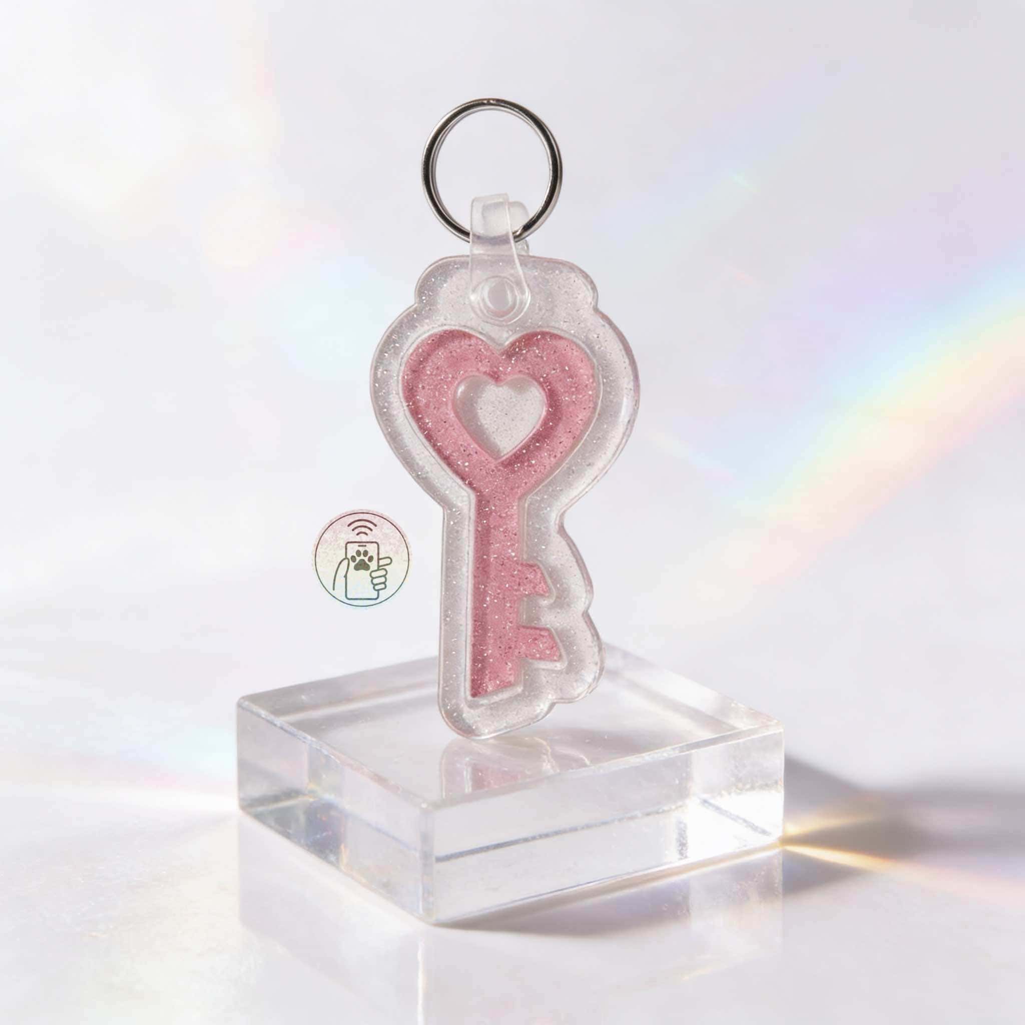 NFC pet ID tag in a heart-shaped design, perfect for dogs and cats — Shiloh's House smart NFC pet tag with free companion Lohji app.