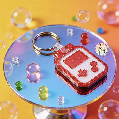 NFC pet ID tag shaped like a handheld gaming console in red glitter acrylic with keyring — Shiloh's House smart NFC pet tag with free companion Lohji app.