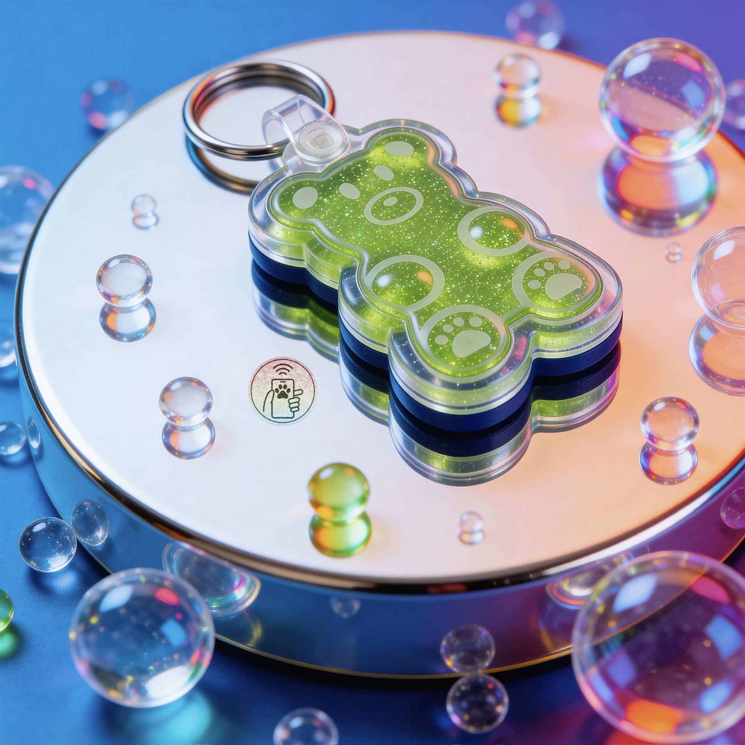 Green acrylic pet ID tag shaped like a bear with NFC chip for dogs and cats — Shiloh's House smart NFC pet tag with free companion Lohji app.