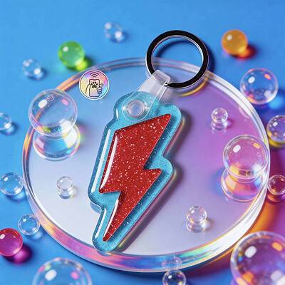 NFC pet ID tag shaped like a lightning bolt, designed for dogs and cats, with holographic and colorf — Shiloh's House smart NFC pet tag with free companion Lohji app.