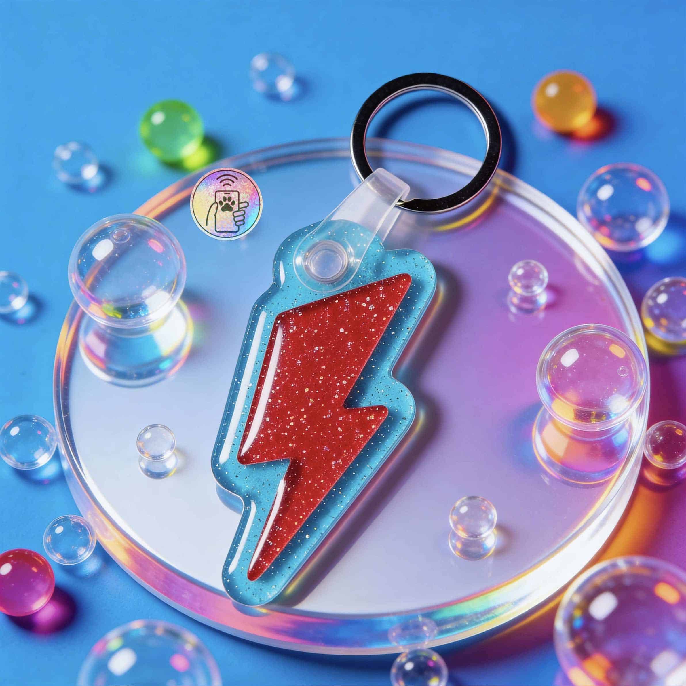 NFC pet ID tag shaped like a lightning bolt, designed for dogs and cats, with holographic and colorf — Shiloh's House smart NFC pet tag with free companion Lohji app.