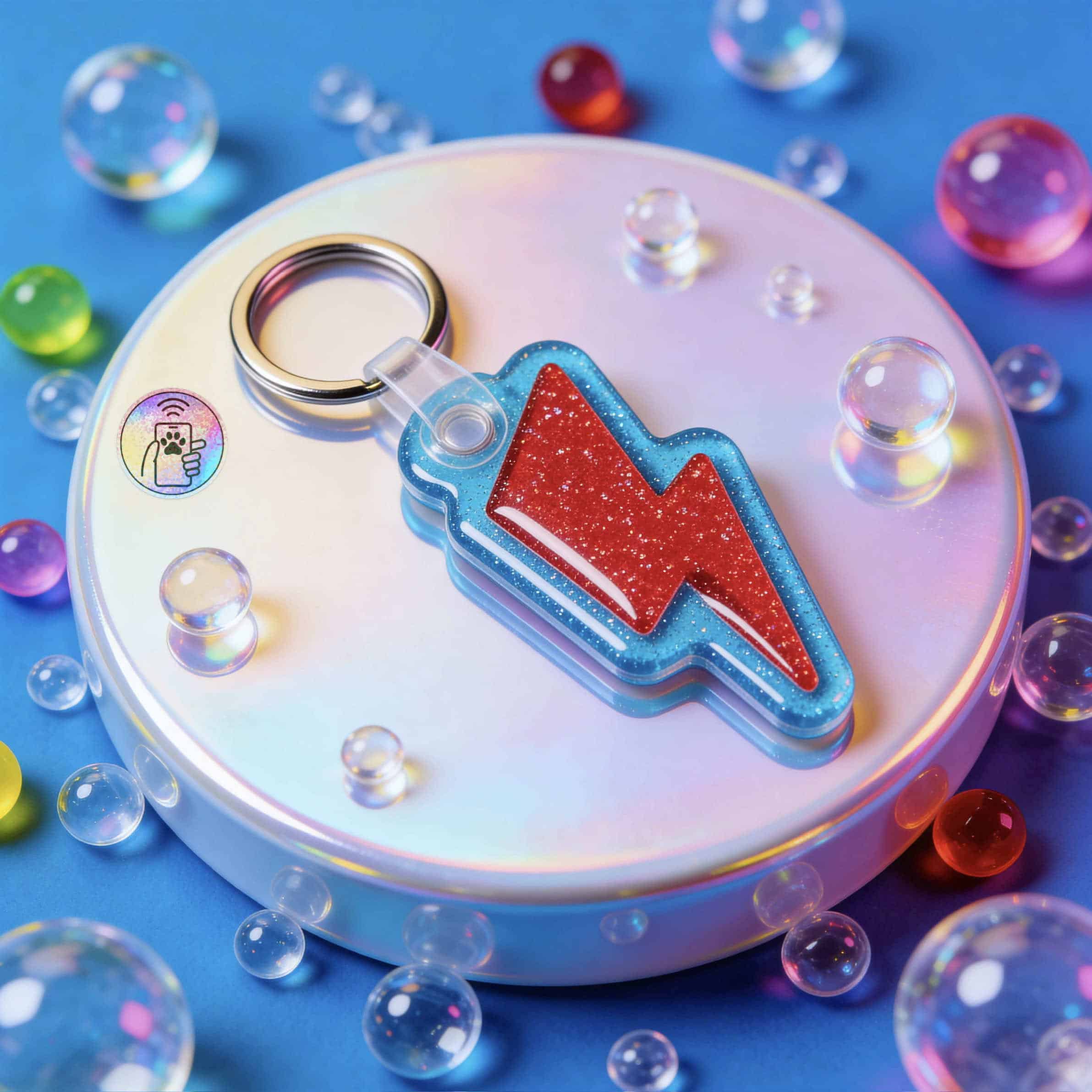 Bright red and blue lightning bolt-shaped pet ID tag with NFC chip for dogs and cats — Shiloh's House smart NFC pet tag with free companion Lohji app.