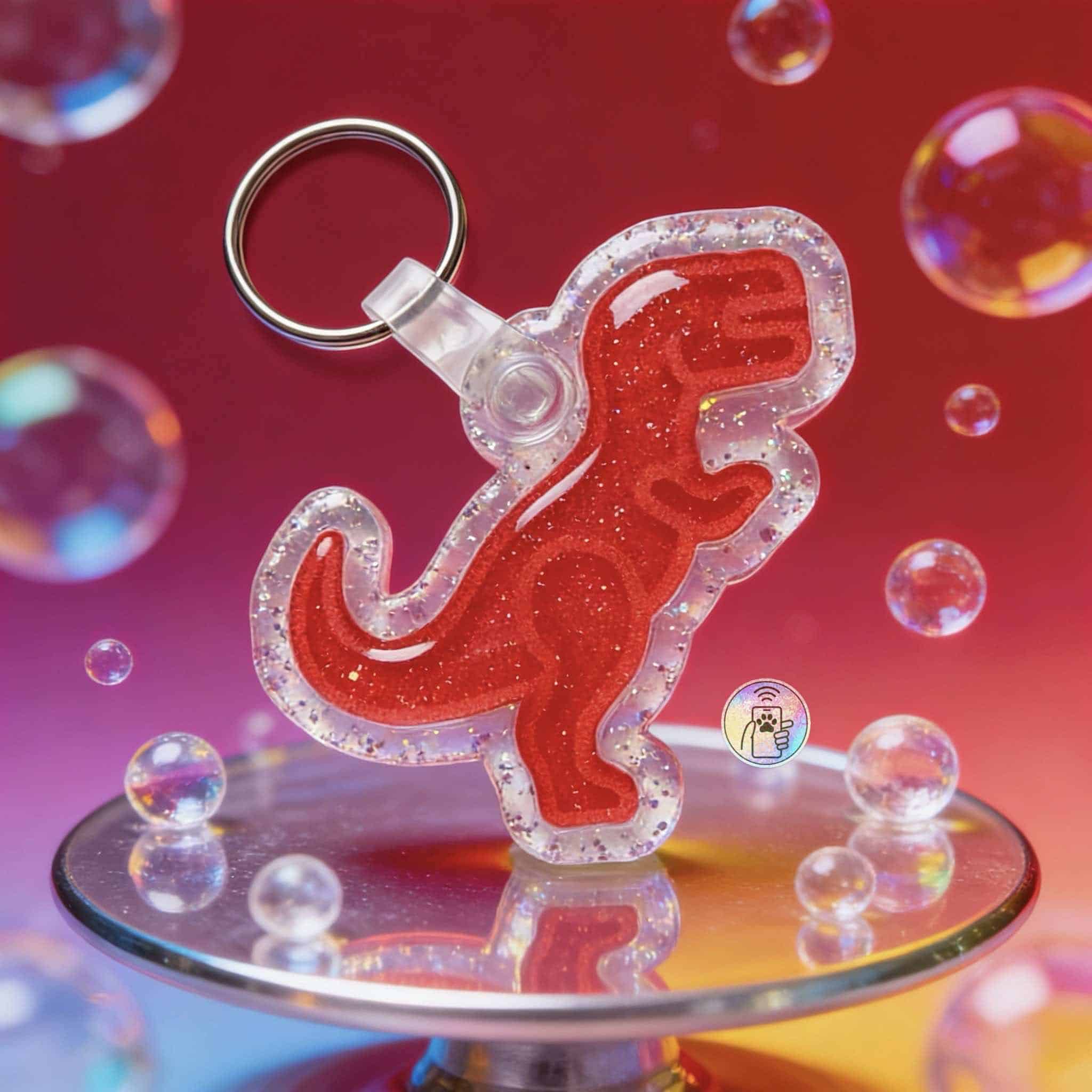 NFC pet ID tag shaped like a dinosaur with red acrylic and glitter accents, perfect for dogs and cat — Shiloh's House smart NFC pet tag with free companion Lohji app.