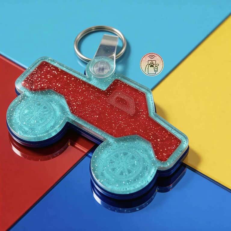 Red glitter monster truck smart pet ID tag