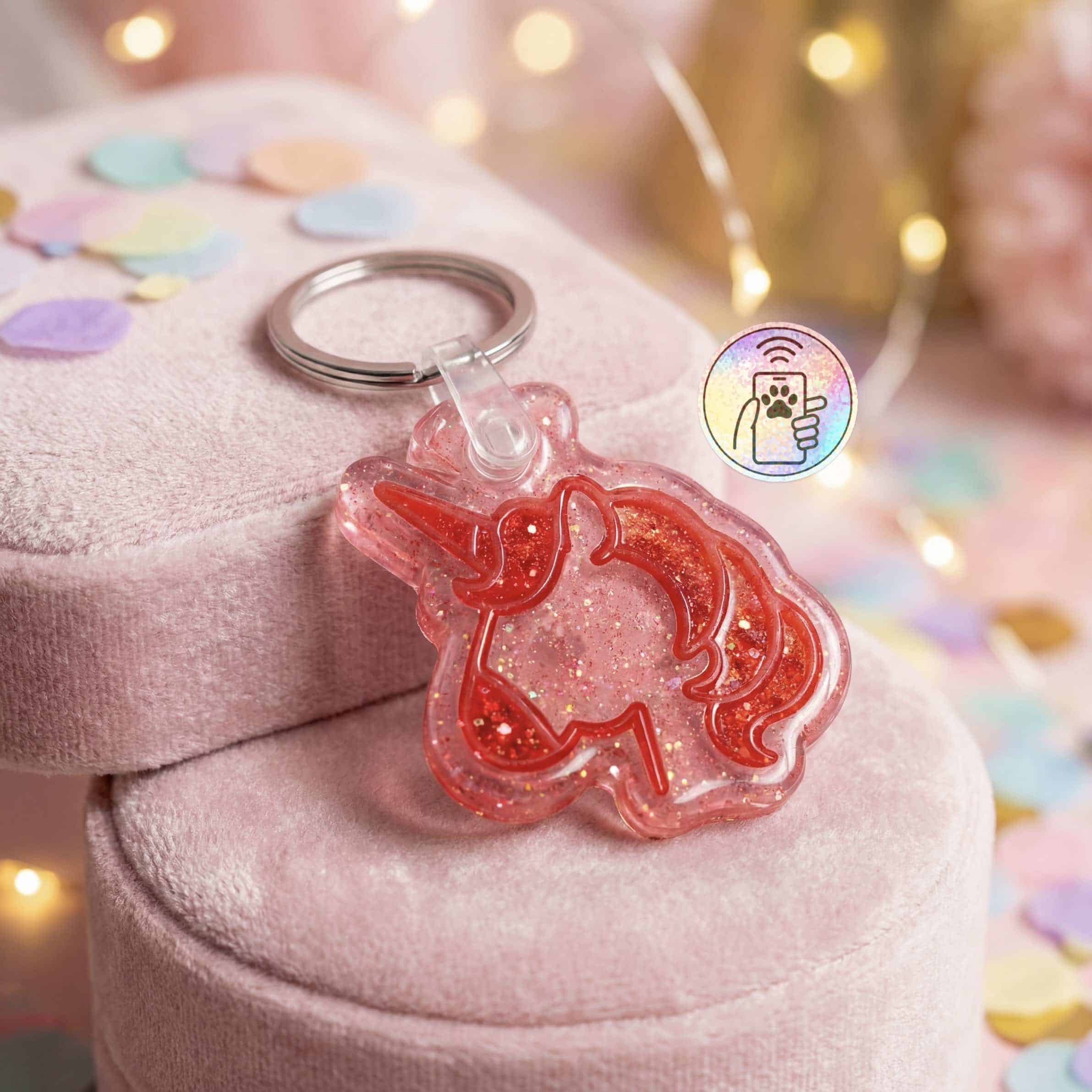 Unicorn-shaped NFC pet ID tag with glitter in pink acrylic for dogs and cats.