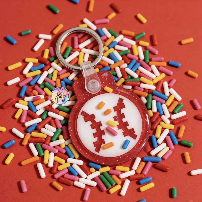 Baseball smart pet ID tag on rainbow sprinkles