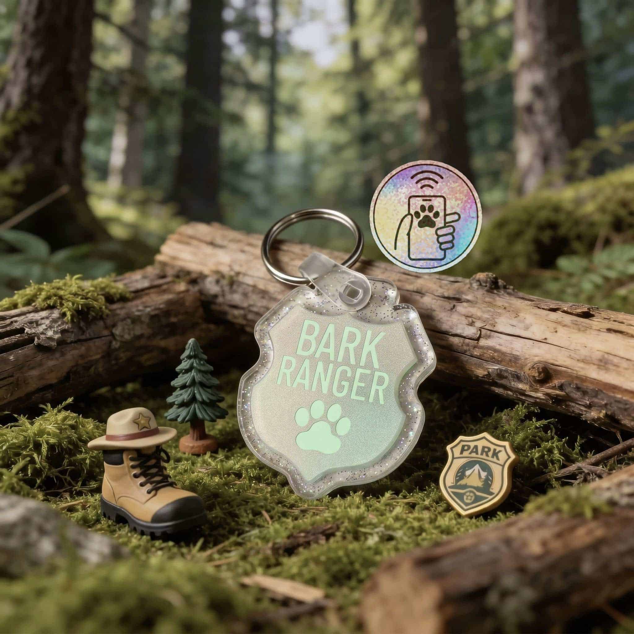 Dog ID tag with Bark Ranger design, NFC chip, and park badge on mossy log in forest.