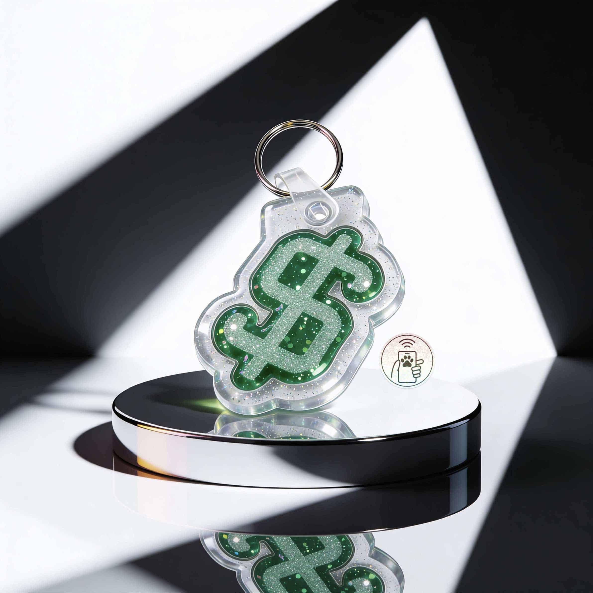 Clear acrylic pet ID tag shaped like a dollar sign with green glitter, perfect for dogs and cats — Shiloh's House smart NFC pet tag with free companion Lohji app.