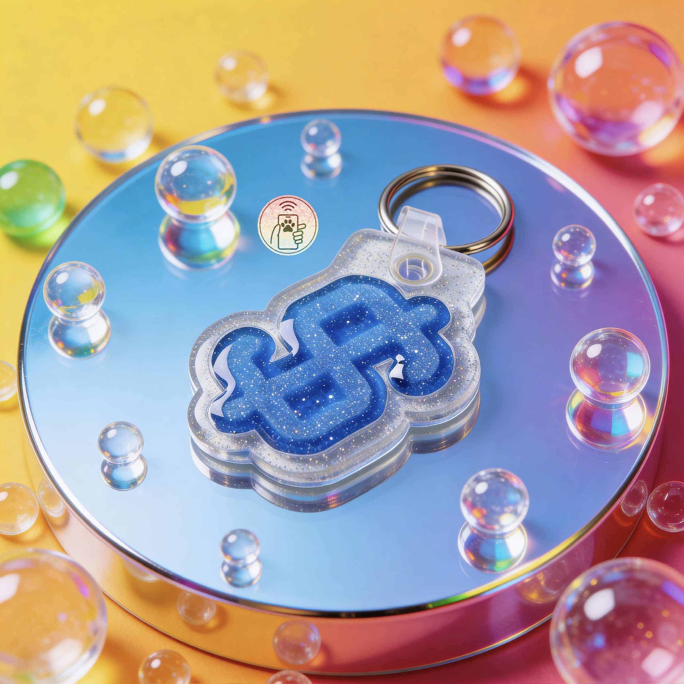 NFC pet ID tag in cloud shape with blue glitter design for dogs and cats — Shiloh's House smart NFC pet tag with free companion Lohji app.