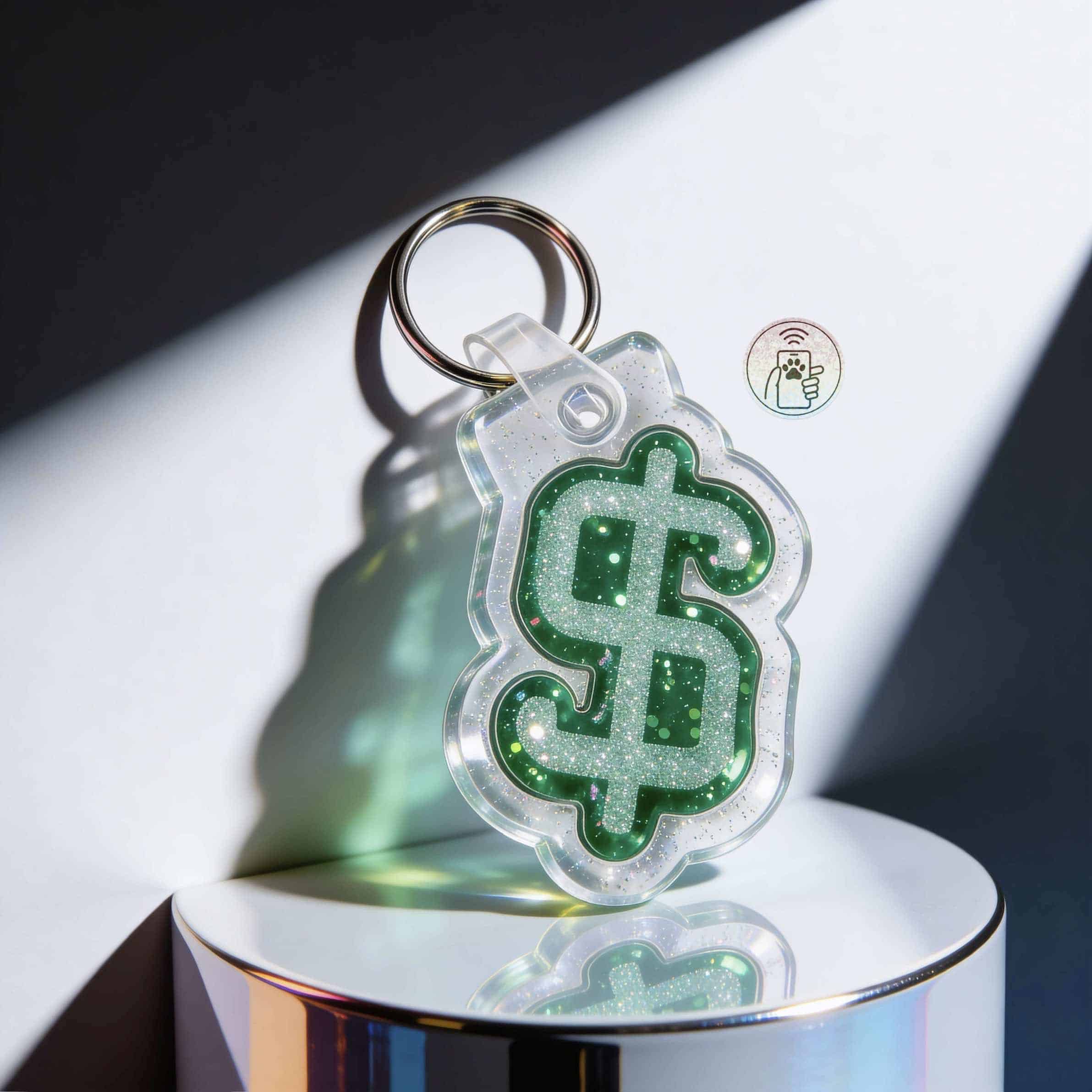 NFC pet ID tag shaped like a dollar sign in clear acrylic with green glitter, designed for dogs and — Shiloh's House smart NFC pet tag with free companion Lohji app.