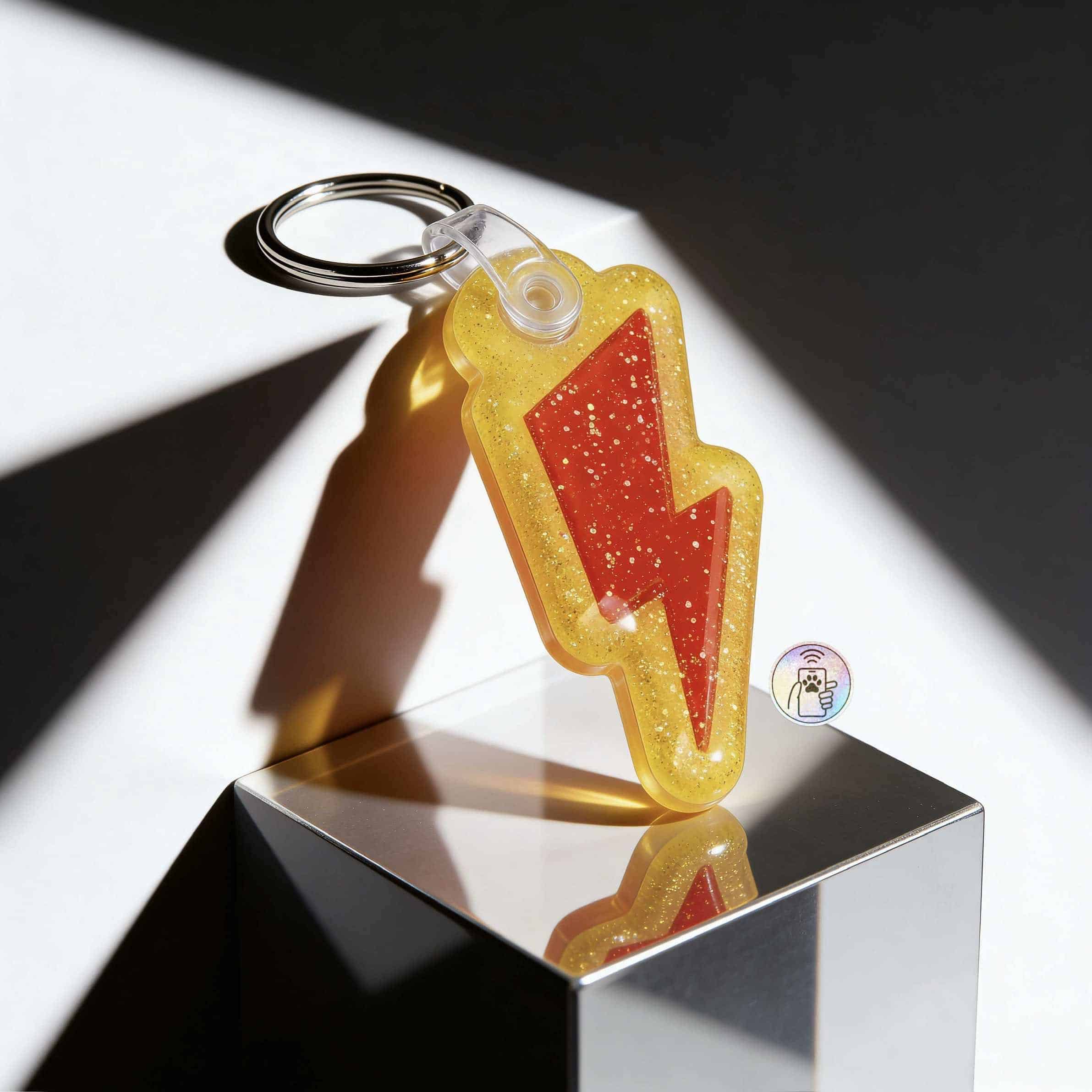NFC pet ID tag shaped like a lightning bolt with red lightning design for dogs and cats — Shiloh's House smart NFC pet tag with free companion Lohji app.