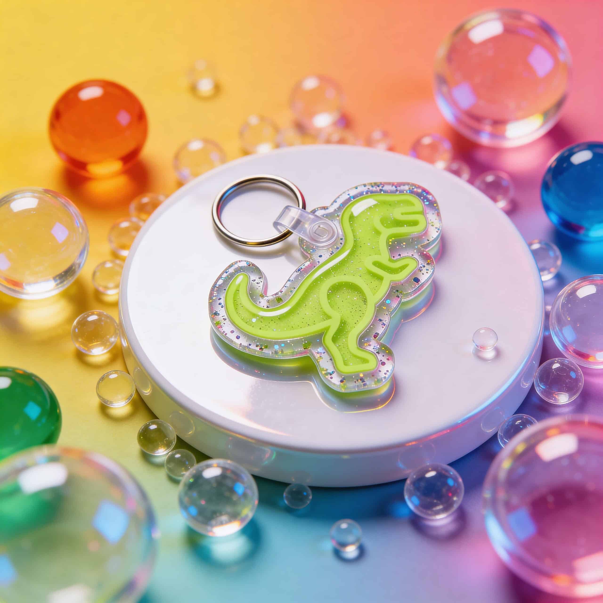 NFC pet ID tag shaped like a dinosaur, perfect for dogs and cats, with vibrant colors and a fun desi.