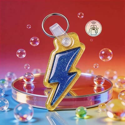 Bright yellow and blue lightning bolt-shaped NFC pet ID tag with keyring, on a colorful background.