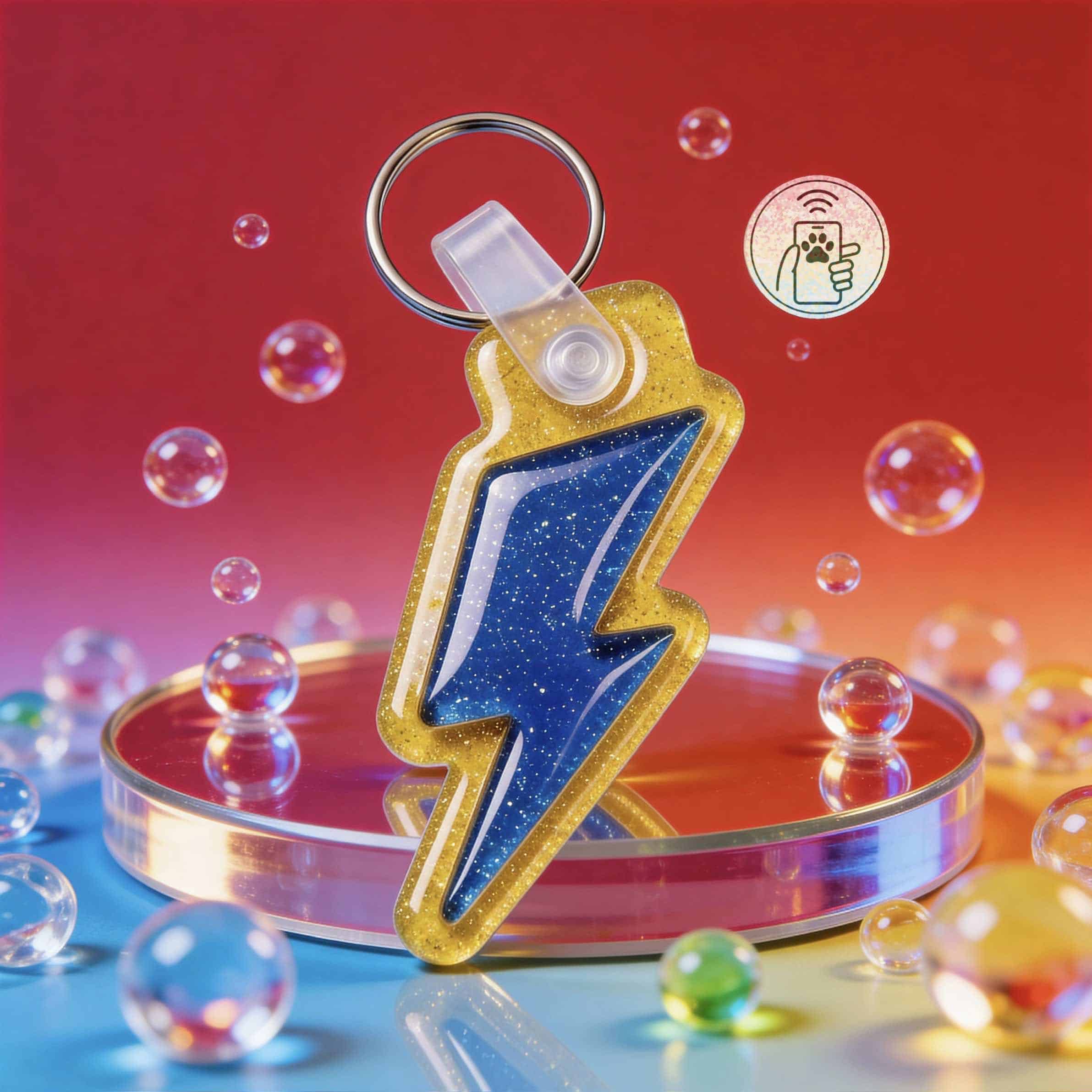 Bright yellow and blue lightning bolt-shaped NFC pet ID tag with keyring, on a colorful background.