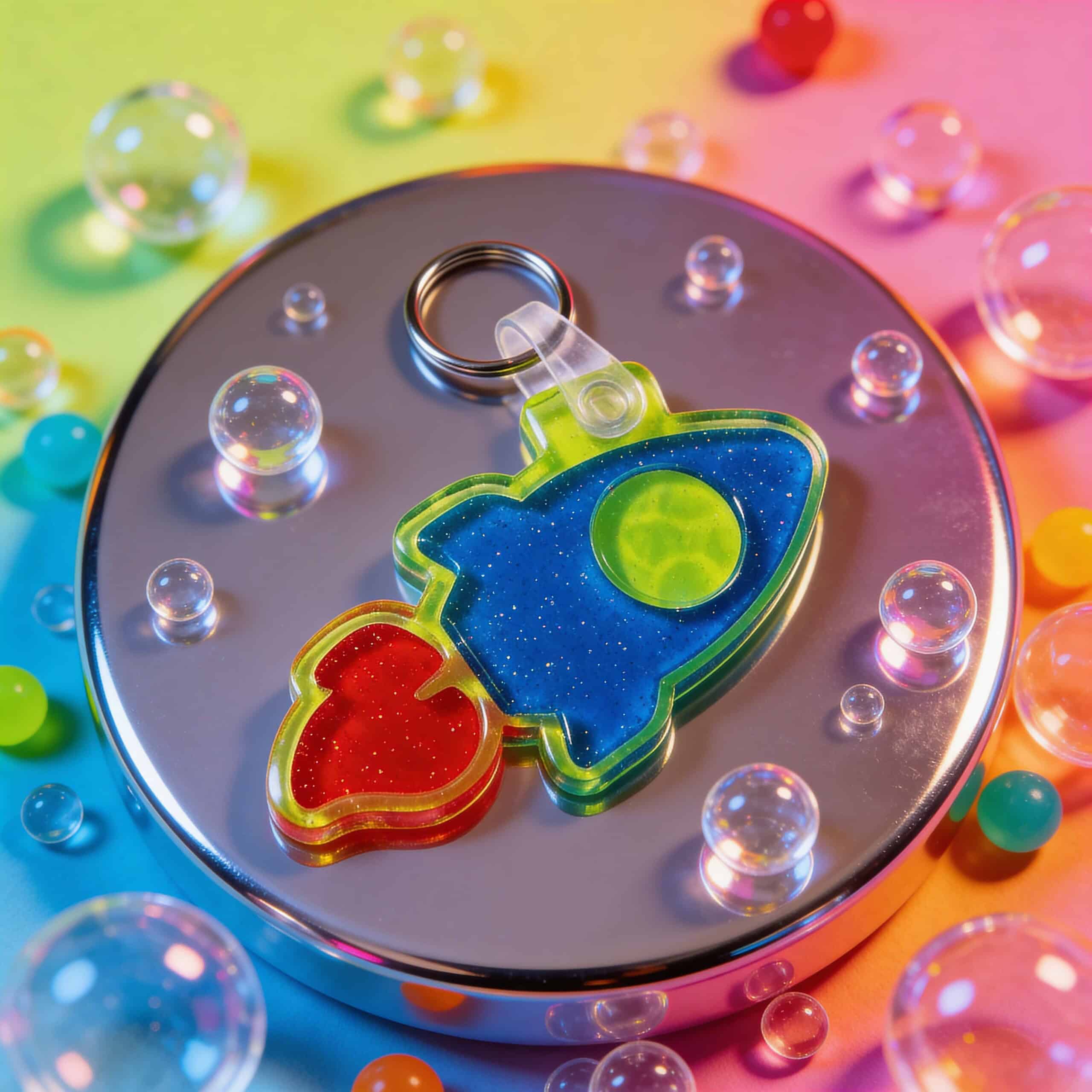 NFC pet ID tag shaped like a rocket, designed for dogs and cats, with bright colors and a sleek fini.