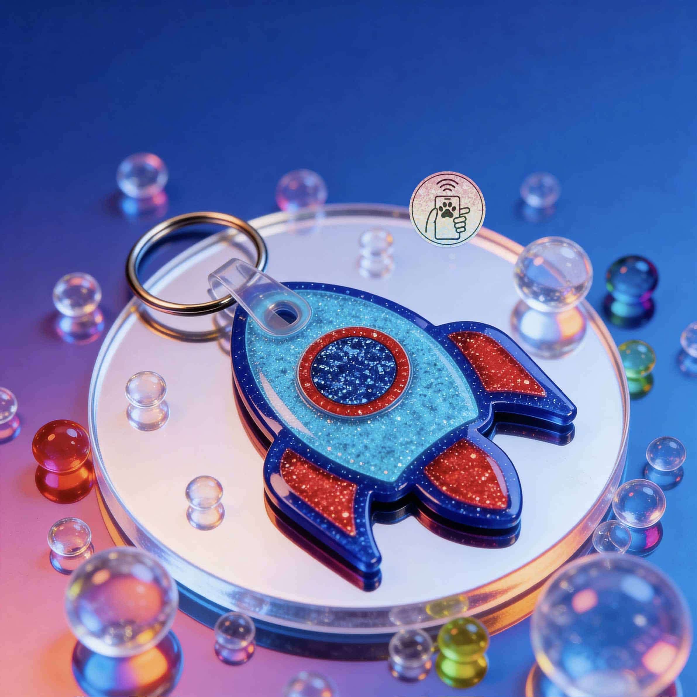 NFC pet ID tag shaped like a rocket with glittery blue and red accents, perfect for dogs and cats.