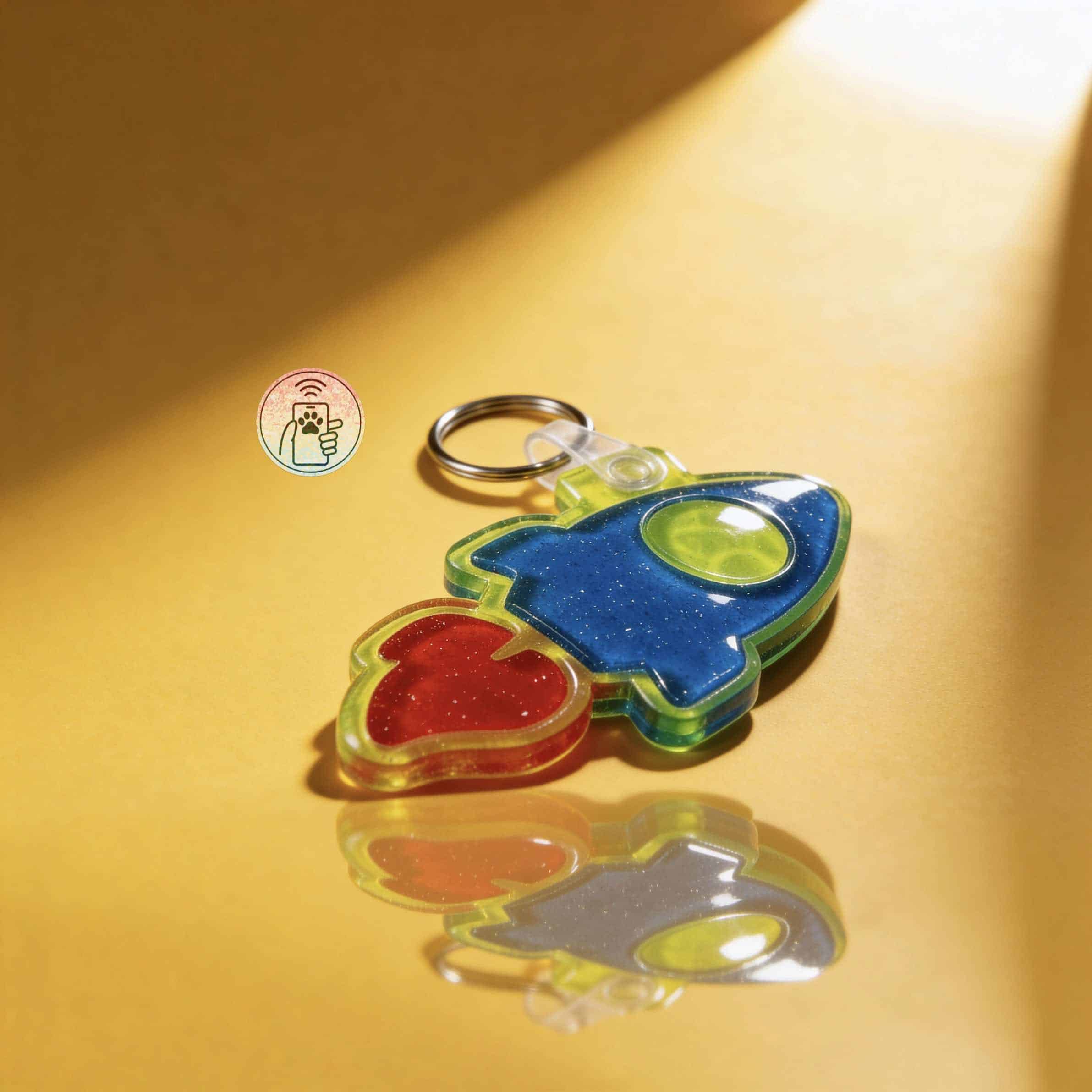 NFC pet ID tag shaped like a rocket with a keyring, designed for dogs and cats.