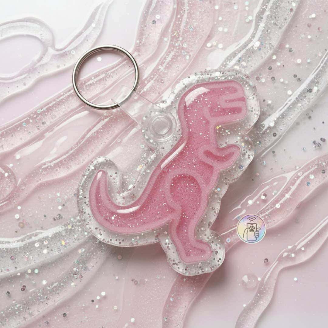 Pink dinosaur-shaped NFC pet ID tag with glitter accents for dogs and cats — Shiloh's House smart NFC pet tag with free companion Lohji app.