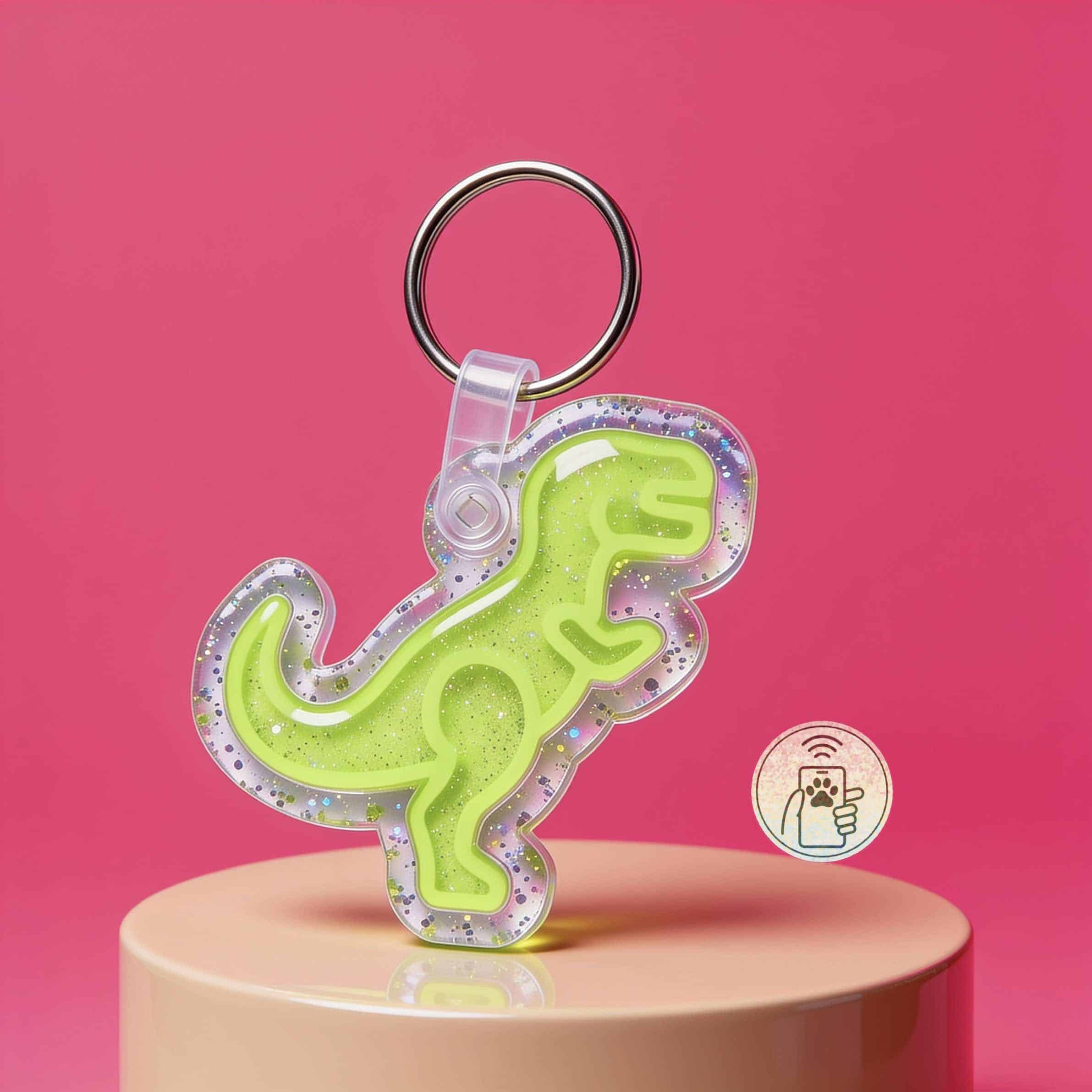 Bright green lizard-shaped NFC pet ID tag with glitter, designed for dogs and cats, attached to a ke.