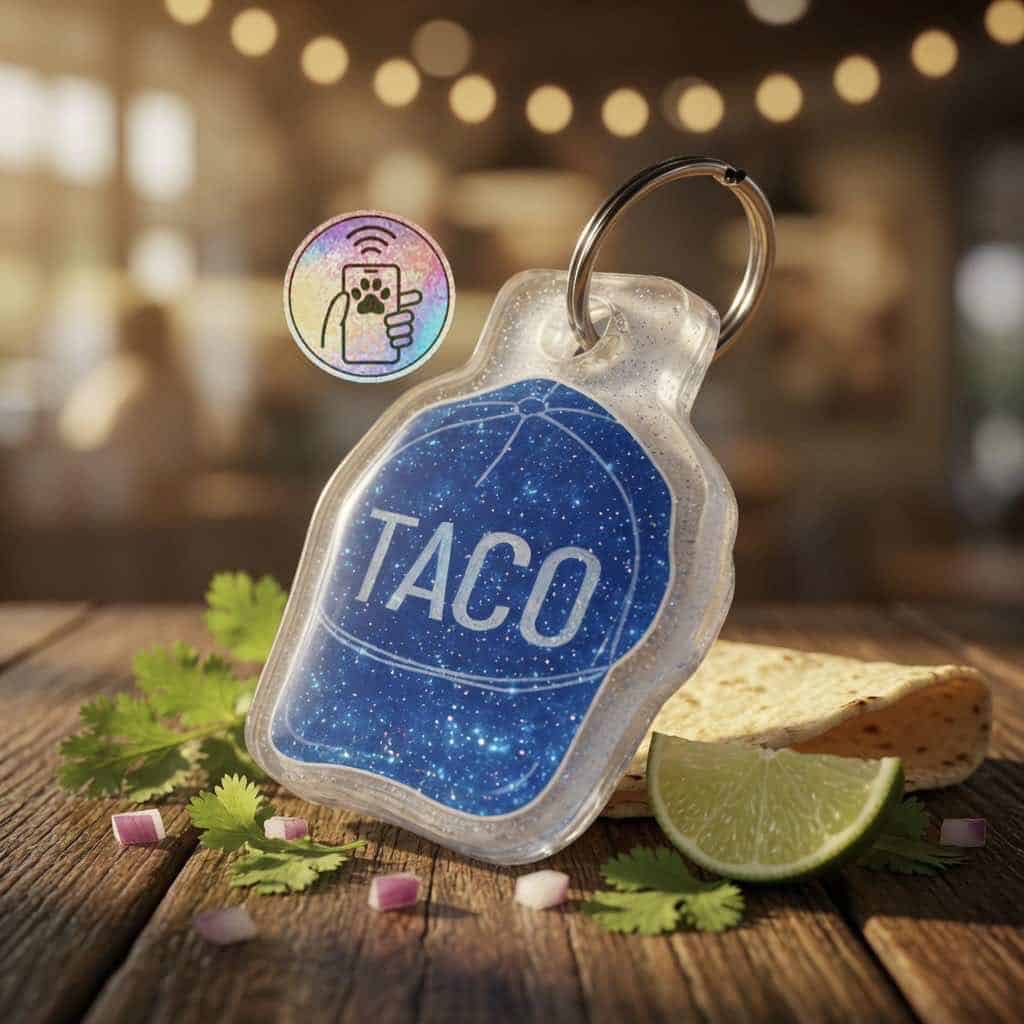 Clear taco-shaped NFC pet ID tag with blue starry design for dogs and cats.