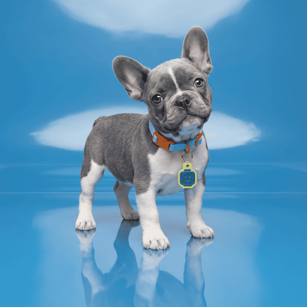 French bulldog wearing a bright NFC smart pet ID tag on a blue background.