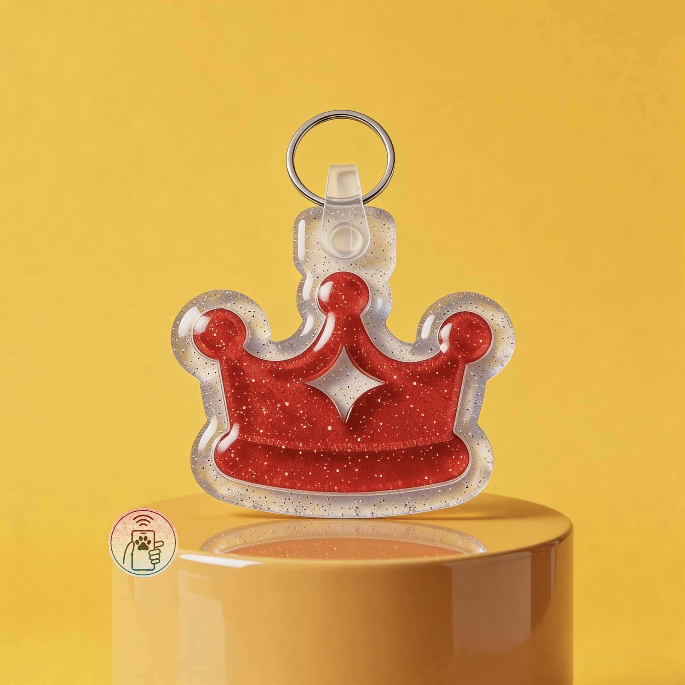Pet ID tag shaped like a crown with glittery red and clear acrylic, perfect for dogs and cats.