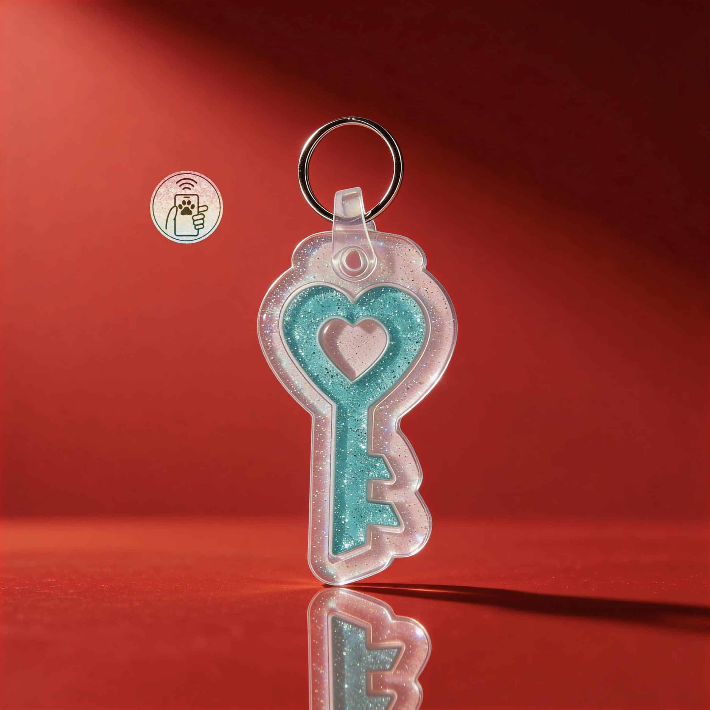 Key-shaped pet ID tag with heart cutout, glittery design, and acrylic material.