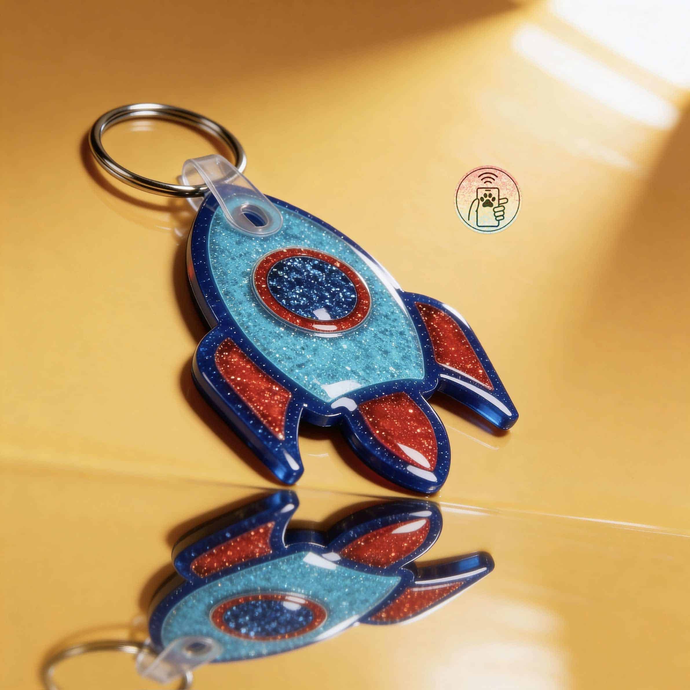 NFC pet ID tag shaped like a rocket with glittery blue and red details, perfect for dogs and cats.