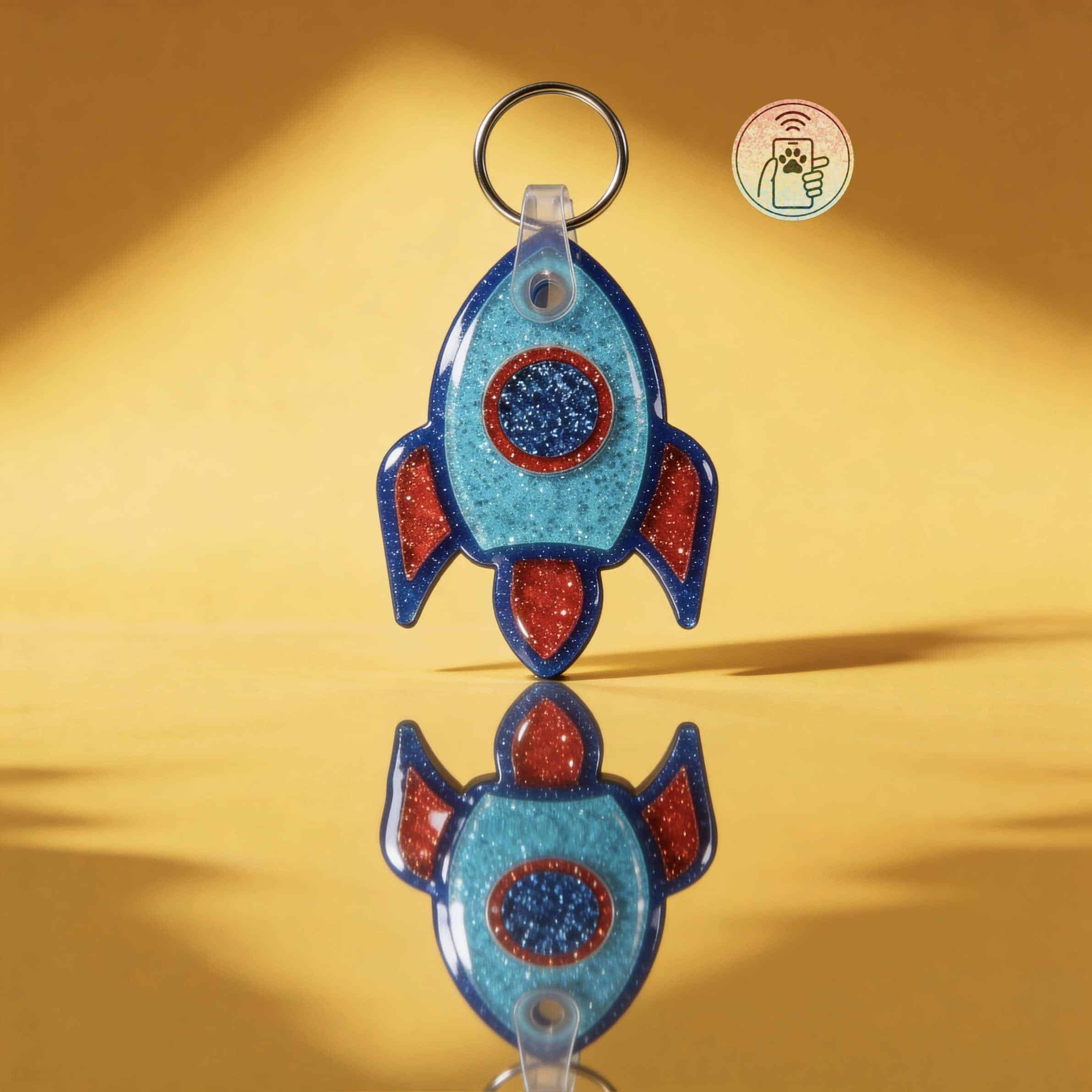 NFC pet ID tag shaped like a rocket, featuring blue and red glitter accents for dogs and cats.