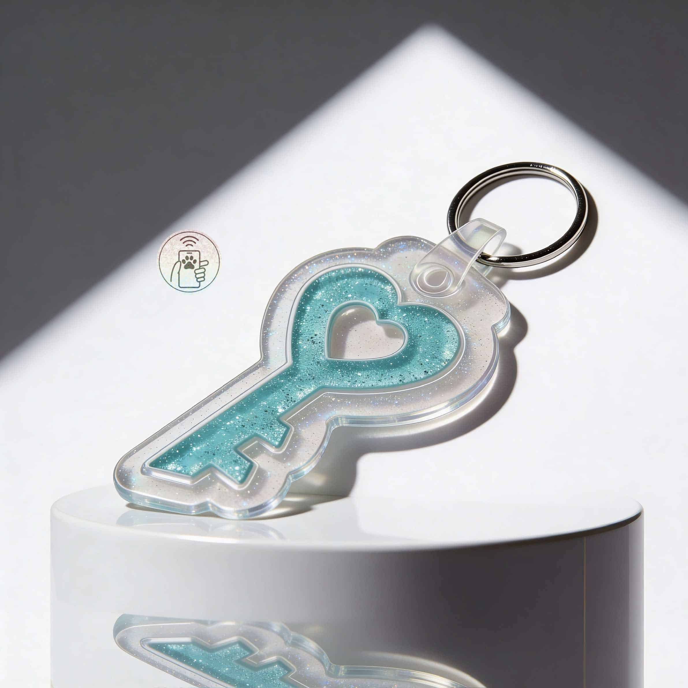 NFC pet ID tag with heart-shaped design, glittery blue acrylic, and keyring for dogs and cats.