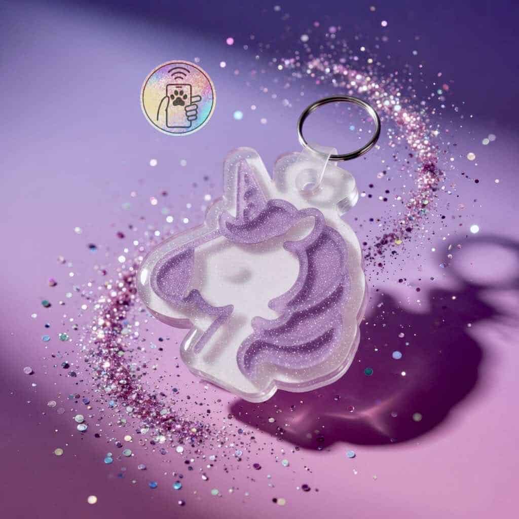 NFC pet ID tag in unicorn shape with glitter, for dogs and cats.