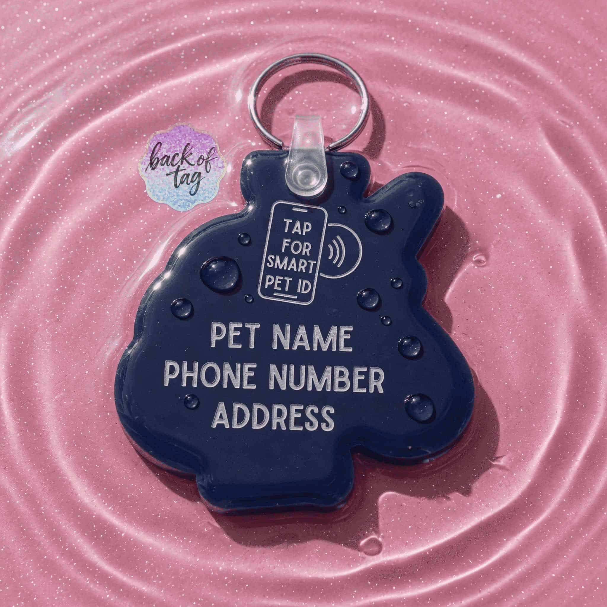 Customizable NFC pet ID tag in blue shape with space for pet's name, phone, and address.