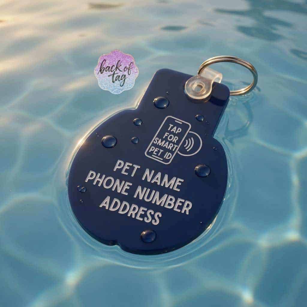 Custom NFC pet ID tag in water, featuring pet name, phone number, and address — Shiloh's House smart NFC pet tag with free companion Lohji app.