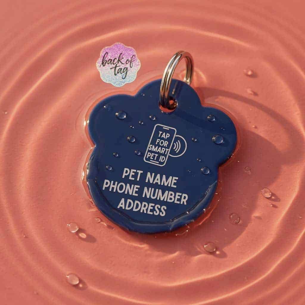 NFC pet ID tag in blue shape with QR code and contact details for pets.