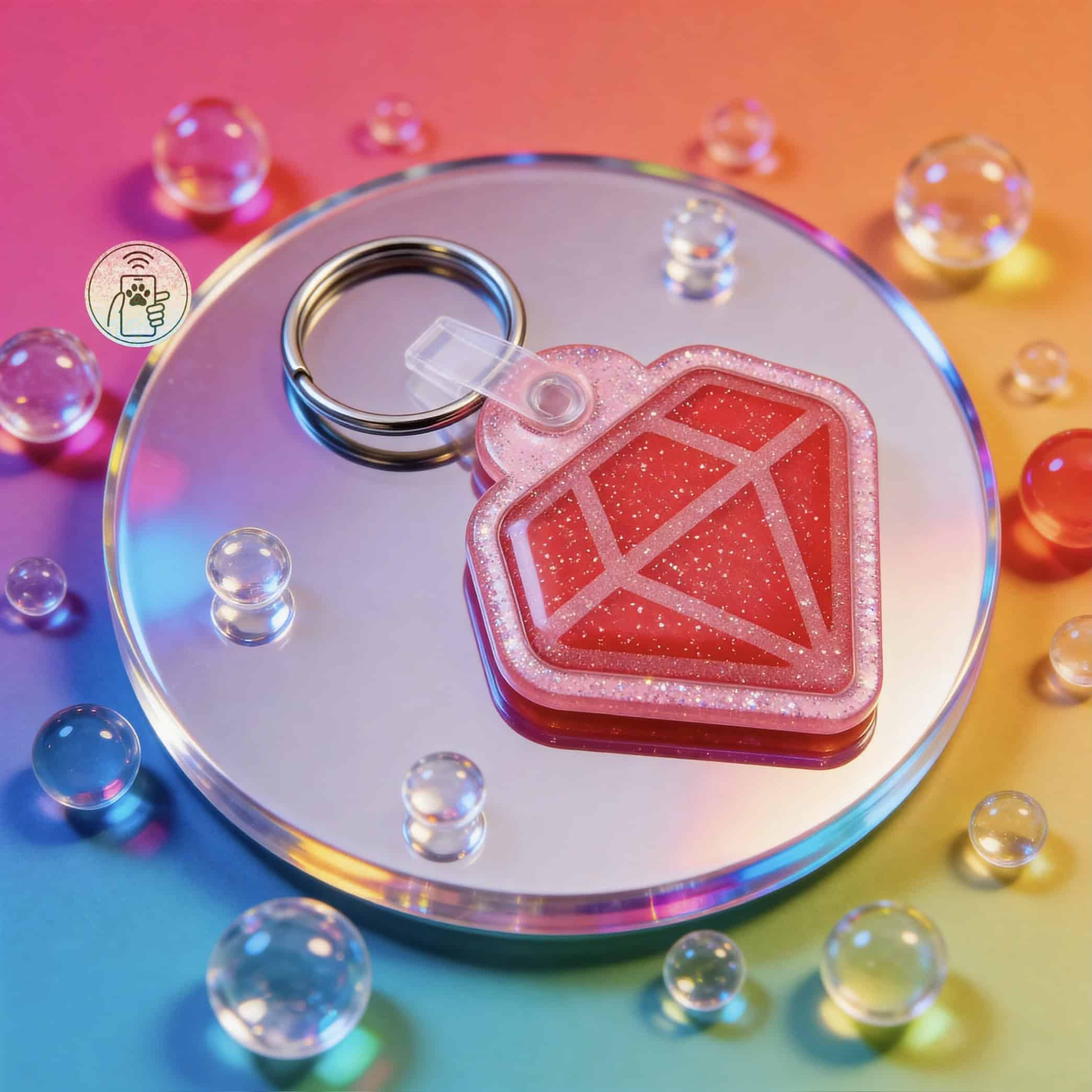Pink diamond-shaped NFC pet ID tag with glitter, on a reflective surface with colorful beads.