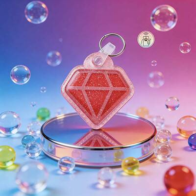 Pink diamond-shaped NFC pet ID tag with glitter, designed for dogs and cats.