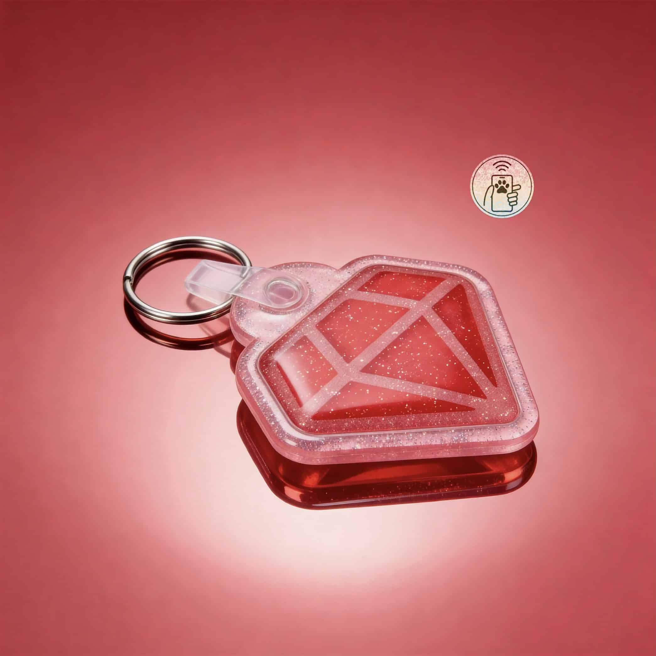 NFC pet ID tag shaped like a diamond in red acrylic with a keyring attachment.