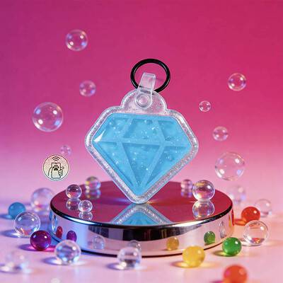 Bright blue diamond-shaped NFC pet ID tag with a clear acrylic border.