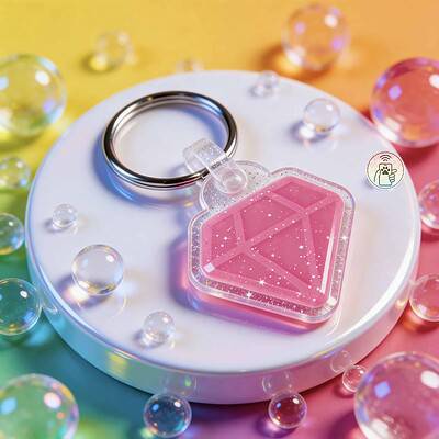 NFC pet ID tag shaped like a pink diamond, designed for dogs and cats, with a colorful background an.
