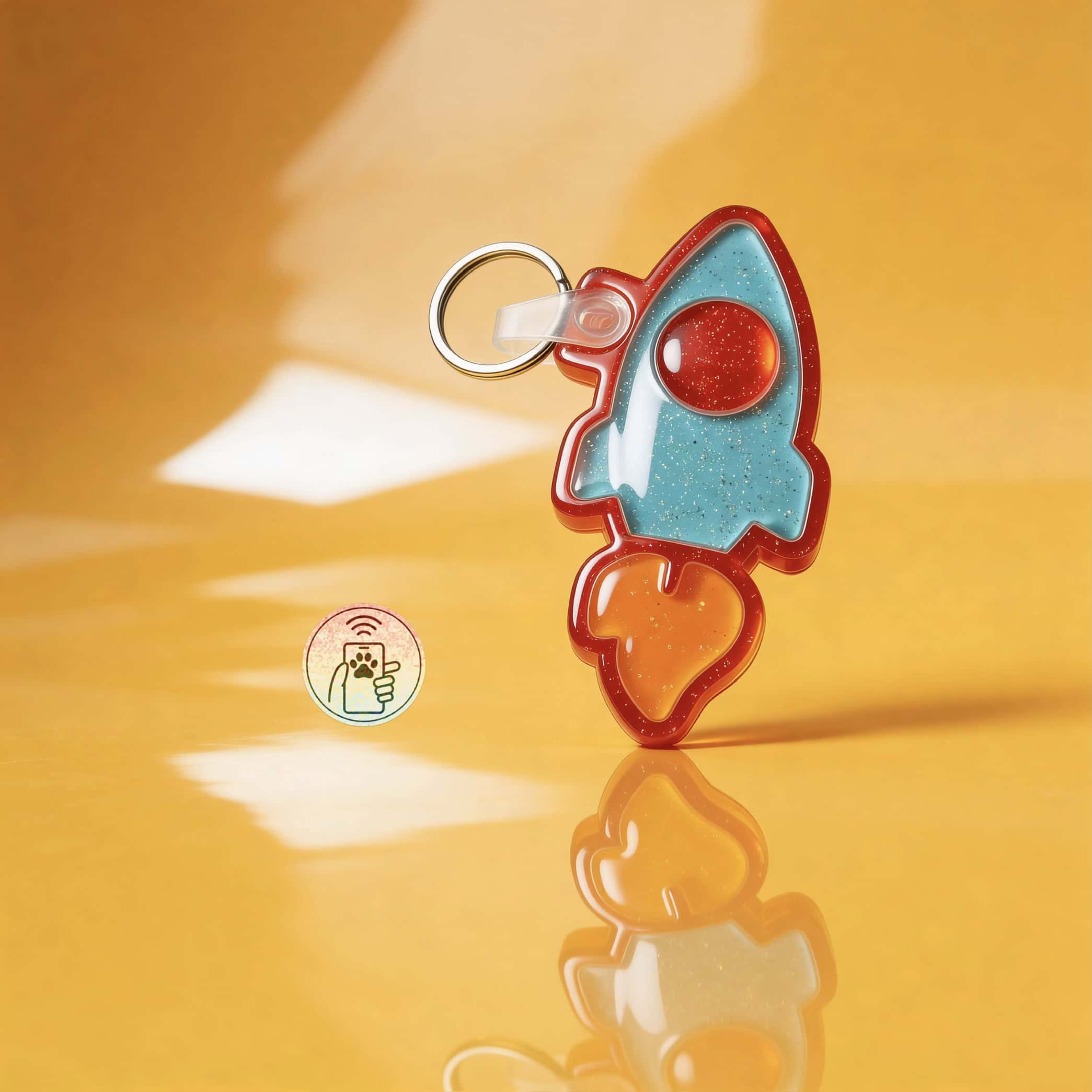 NFC pet ID tag shaped like a rocket with vibrant colors for dogs and cats.
