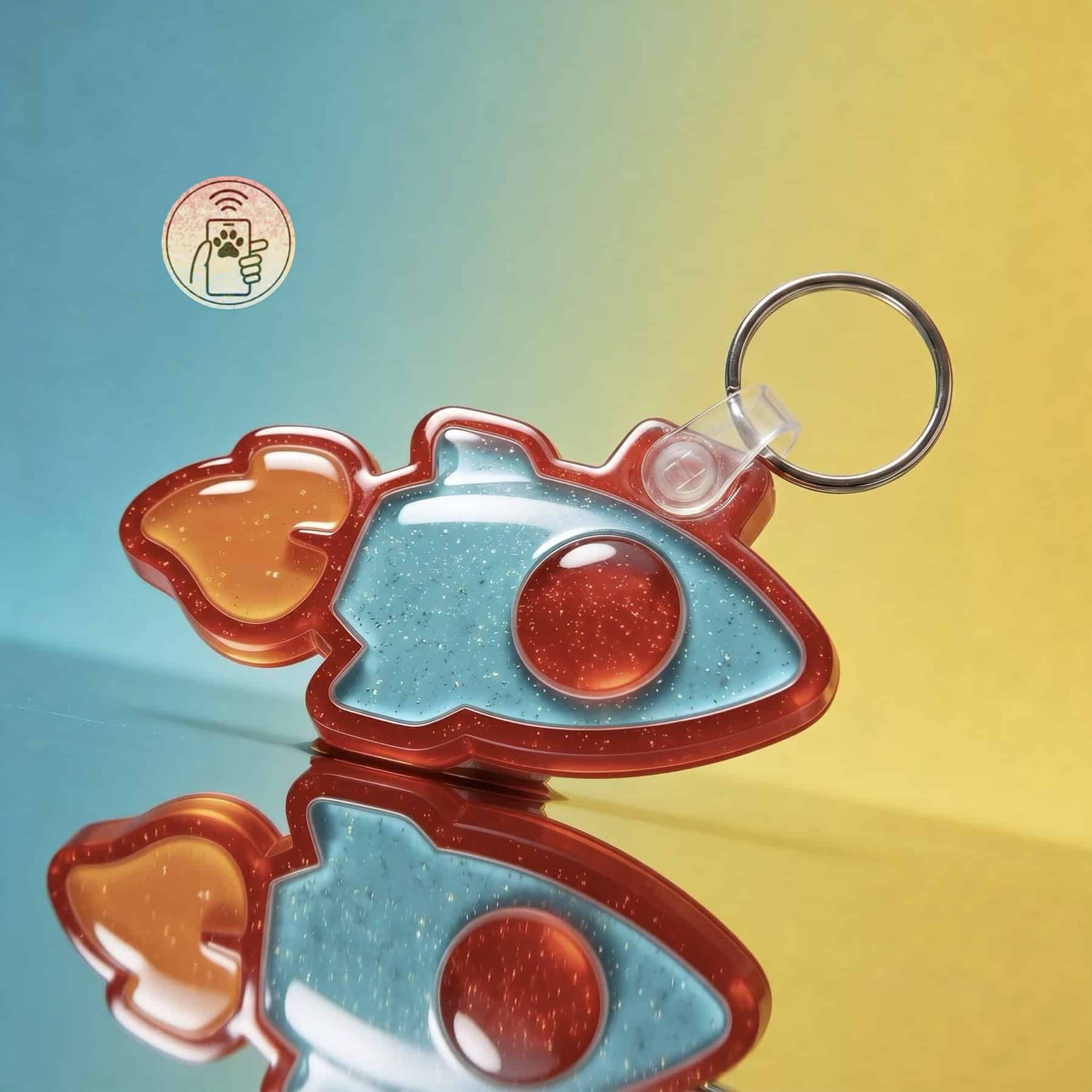 Eye-shaped NFC pet ID tag with red and blue acrylic, keyring attachment for dogs and cats.
