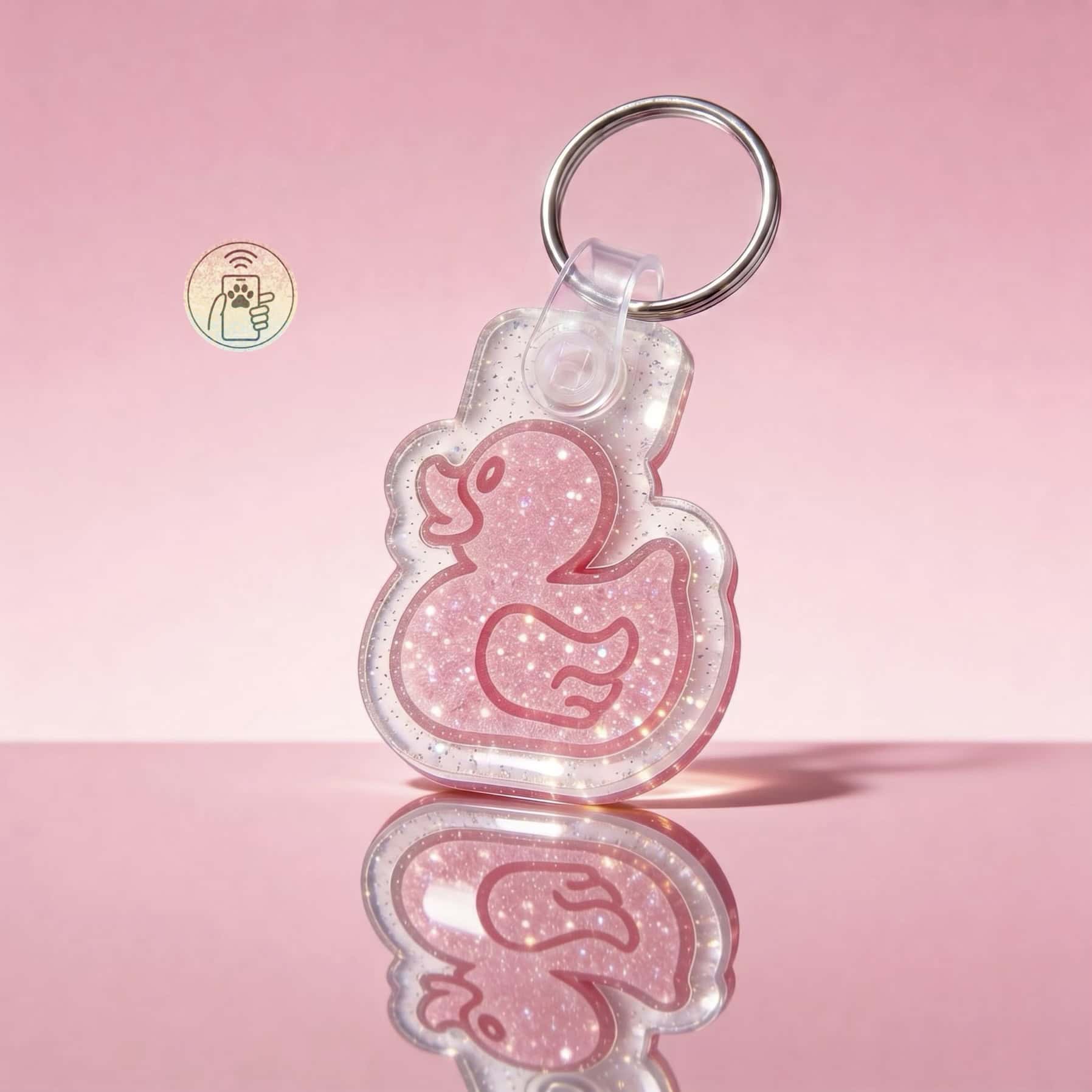 NFC pet ID tag shaped like a rubber duck with glitter, perfect for dogs and cats.