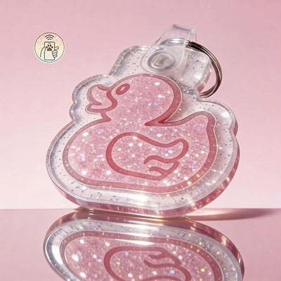 Glitter pink duck-shaped NFC pet ID tag with sparkling finish for dogs and cats.