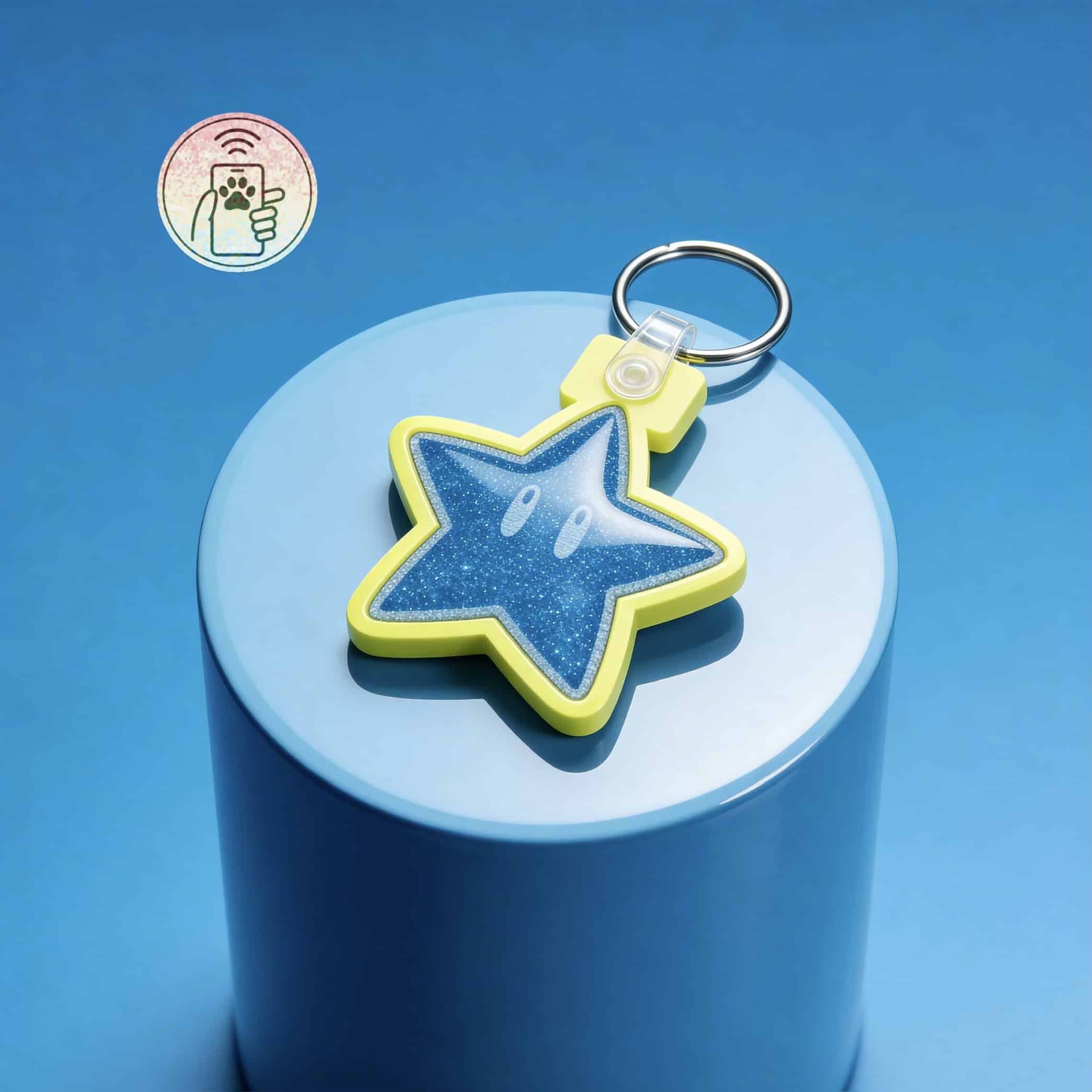NFC pet ID tag in star shape with blue glitter, yellow border, attached to a keyring, on a blue pede.