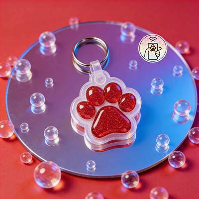 NFC pet ID tag in paw shape with red glitter design for dogs and cats.