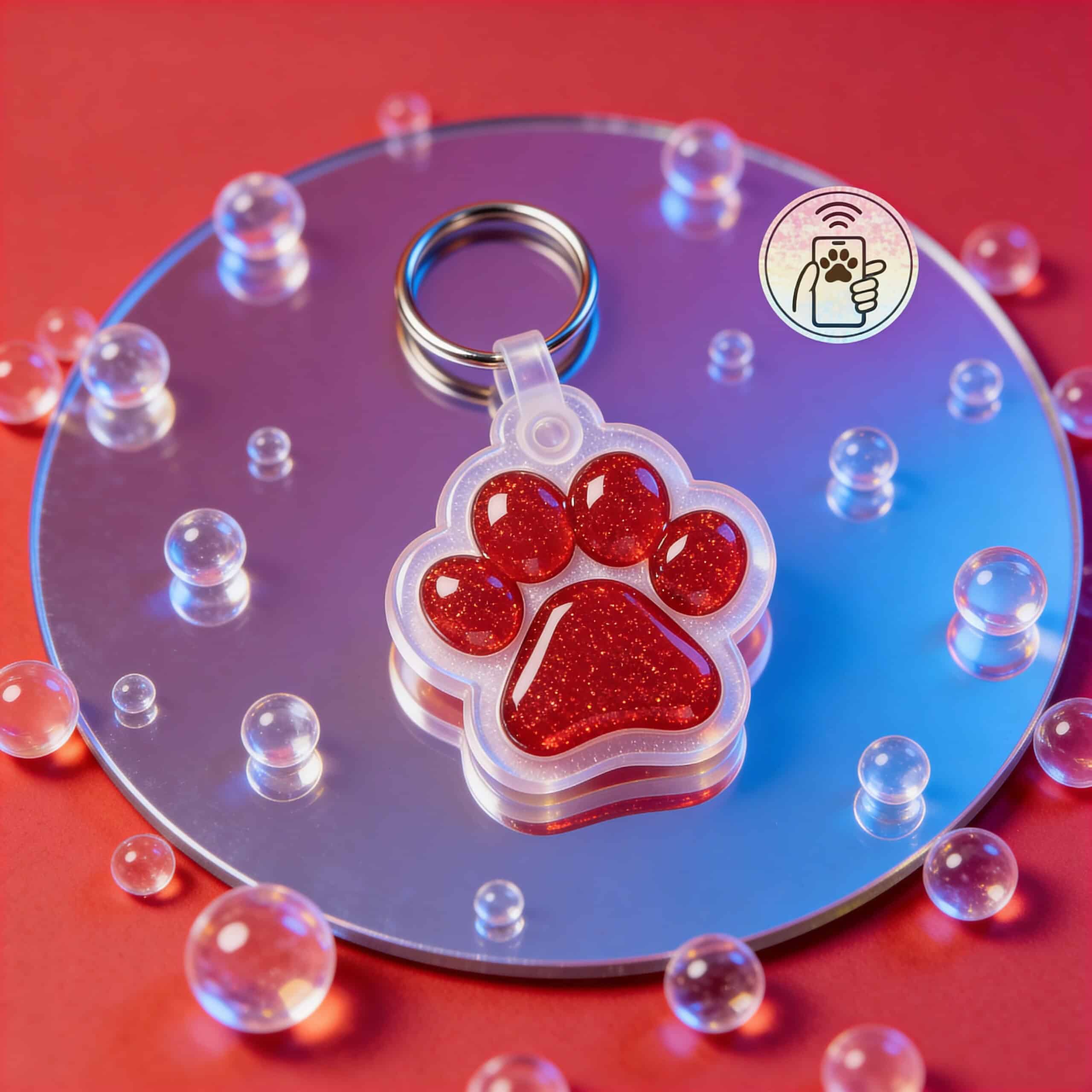 NFC pet ID tag in paw shape with red glitter design for dogs and cats.
