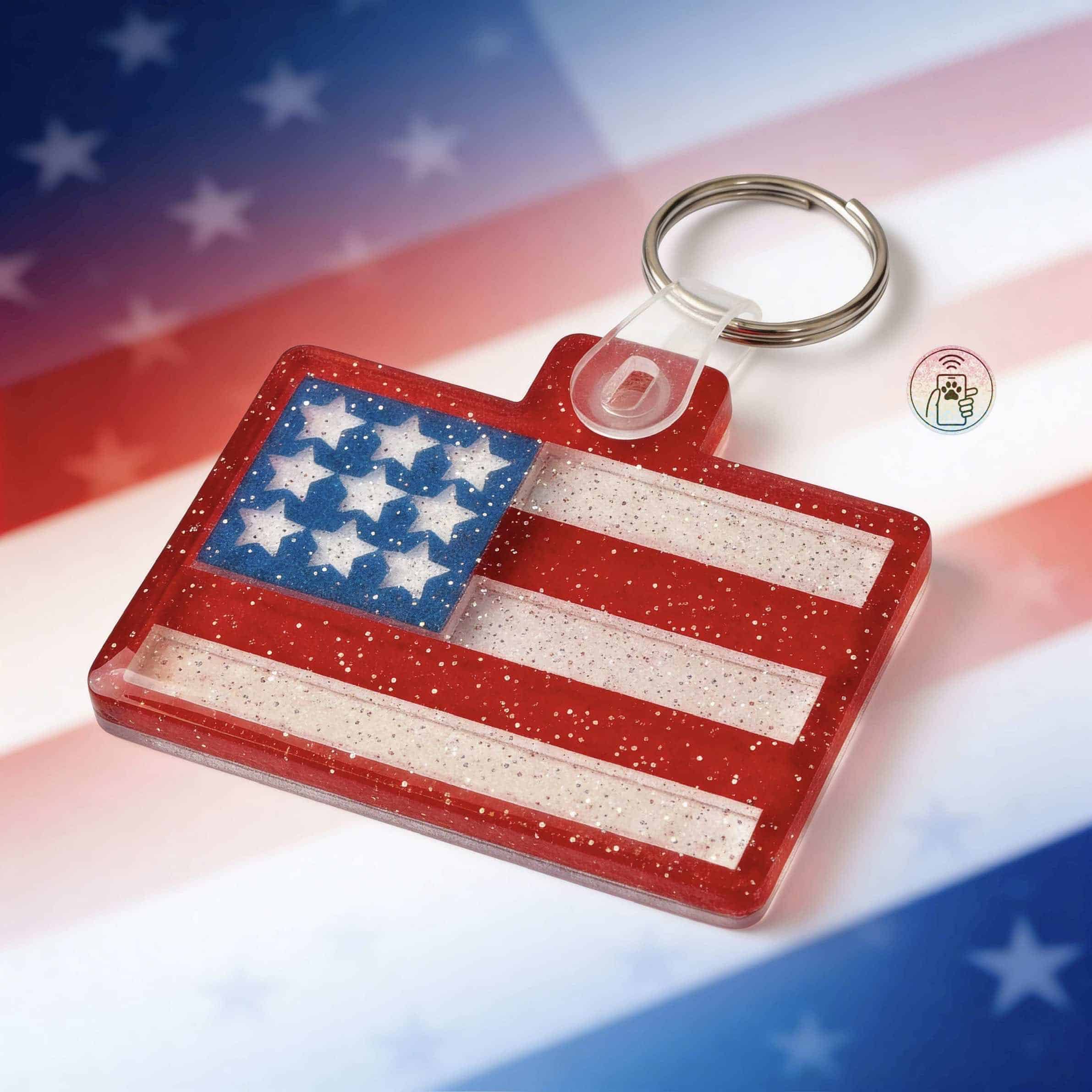 NFC pet ID tag shaped like the American flag with glitter accents for dogs and cats — Shiloh's House smart NFC pet tag with free companion Lohji app.