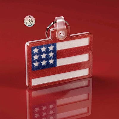 NFC pet ID tag featuring the American flag, designed for dogs and cats, with a clear acrylic finish — Shiloh's House smart NFC pet tag with free companion Lohji app.